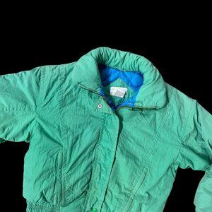 Vintage Green Puffer Coat Jacket Womens Medium 1990s Mixed Blues Nylon Down